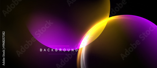 Abstract gradients overlap, creating dynamic visual effect. Purple, yellow hues dominate dark background. Modern design element.