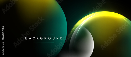 Abstract design features flowing shapes, vibrant yellow, dark teal hues. Modern background with gradient effects, smooth transitions.