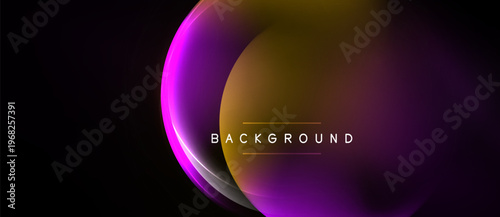 Abstract design features overlapping circles, vibrant purple, gold hues. Dark background enhances luminosity, modern aesthetic. Text reads background.