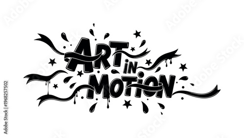 Art in Motion. lettering and all elements in black. Vector style. AWhite background. Pure white background. Perfect isolation and visual consistency. Funky