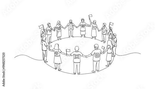 Cultural Celebration. Minimalistic one-line drawing individuals holding hands with flags and traditional symbols, continuous single black line on white