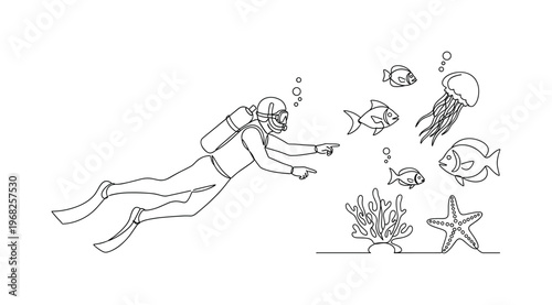 Marine Exploration. Minimalistic one-line drawing diver observing underwater creatures, continuous single black line on white background, simple outline style,