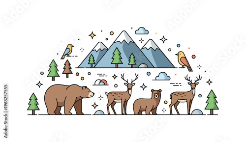 Forest animals mountain forest concept where bears, birds, and deer coexist while small sparkle and line icons emphasize habitat diversity, natural