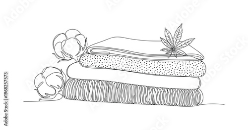 Sustainable Fabrics. Minimalistic one-line drawing close-up of eco-friendly fabrics like organic cotton and hemp, continuous single black line on white