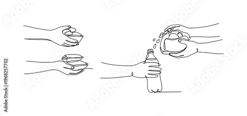 Humanitarian Aid. Minimalistic one-line drawing hands passing food and water to people, continuous single black line on white background, simple outline style,
