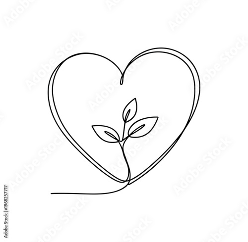Hopeful Heartbeat. Minimalistic one-line drawing heart with small plant or sprout inside, continuous single black line on white background, simple outline