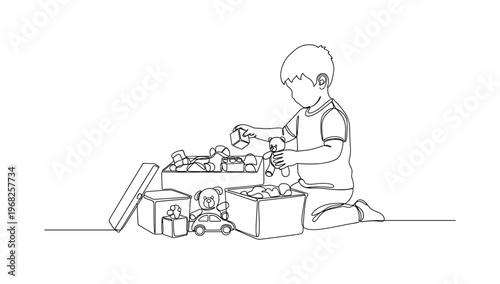 Toy Cleanup Routine. Minimalistic one-line drawing child sorting and putting toys away neatly, continuous single black line on white background, simple outline
