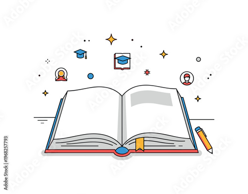 Hardcover book classroom scene where a hardcover textbook is open on a student?s desk while tiny sparkle and star icons highlight learning, focus, and study.