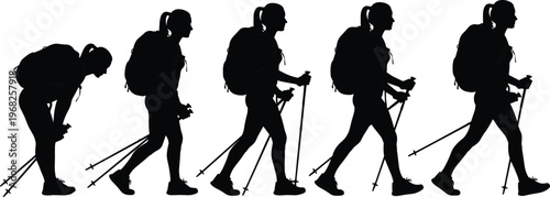 Silhouette sequence of female hiker with backpack and trekking poles showing progression from exhaustion to confident walking isolated vector illustration white background