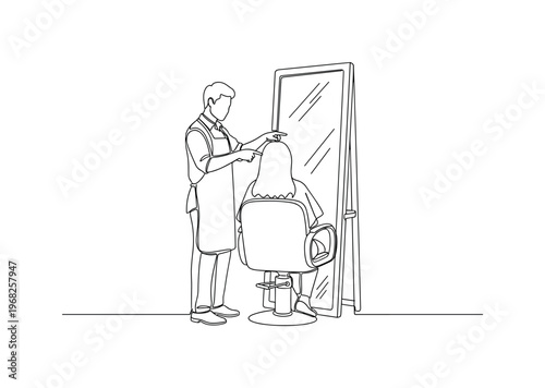 Stylist Client Discussion. Minimalistic one-line drawing hair stylist and seated client reviewing haircut style, continuous single black line on