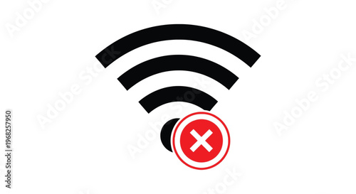 Modern vector graphic illustration of a disconnected Wi-Fi signal icon with a red cross mark.