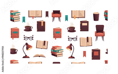 literary life motifs seamless pattern, repeating pattern, surface design, textile print, modern illustration of books, reading glasses, open books, bookmarks,