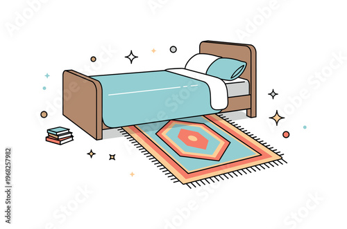 Rug under bed casual bedroom concept where a patterned rug extends from under the bed for warmth and style while tiny sparkle and star icons highlight layered