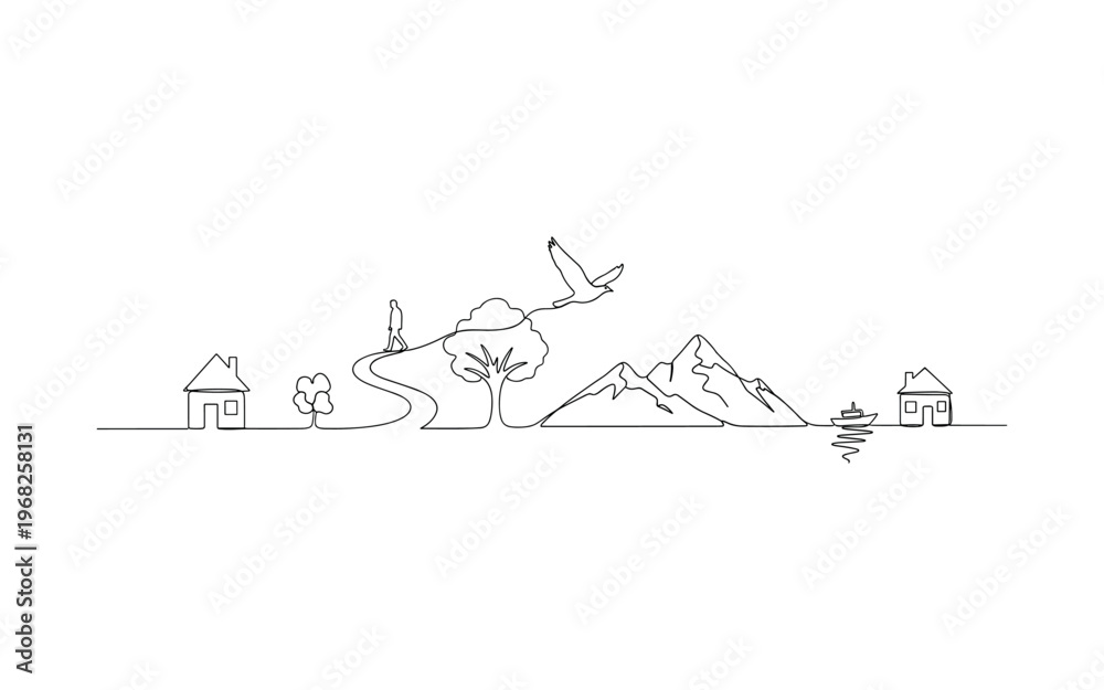 Obraz premium Visual Storytelling. Minimalistic one-line drawing hand drawing illustrations connected to story, continuous single black line on white background, simple