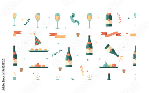 sparkling party patterns seamless pattern, repeating pattern, surface design, textile print, modern illustration of champagne glasses, bottles, corks, ribbons,