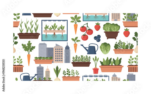 rooftop farm motifs seamless pattern, repeating pattern, surface design, textile print, modern illustration of urban gardens, vegetables, fruits, hydroponic