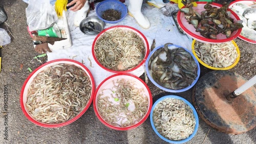 Top view shows authentic outdoor stall. Fish stall features fresh shrimp in colorful plastic bowls on ground. Vendor displays authentic outdoor catch. Busy fish stall represents local trade.