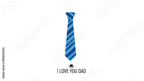 Blue striped necktie illustration with a small hat icon and i love you dad text for a heartfelt fathers day message.
