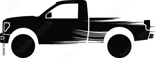 Black silhouette of pickup truck side view with dynamic motion streaks, minimalist automotive design for speed, power, and logo concepts