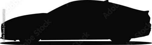 Black silhouette of sleek modern car side view with aerodynamic profile, minimalist outline design for automotive branding and concept art