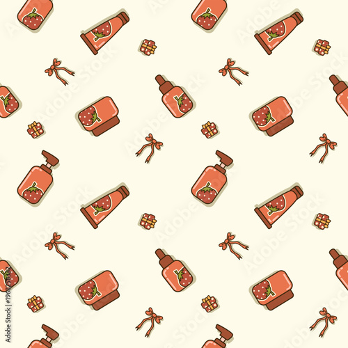 Packaging strawberry cartoon so cute. On pump bottle cream jar tube bow gift box background. Pattern seamless vector illustration. 