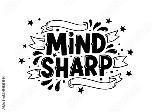 Mind Sharp. lettering and all elements in black. Vector style. AWhite background. Pure white background. Perfect isolation and visual consistency. Funky