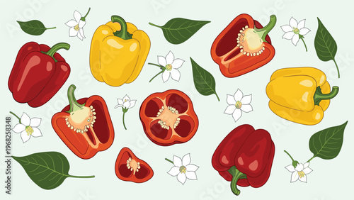Still life of whole and sliced red and yellow bell peppers with white flowers and green leaves on a soft light blue background.