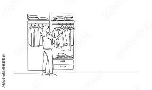 Sustainable Lifestyle. Minimalistic one-line drawing person selecting eco-friendly outfit from closet, continuous single black line on white background, simple