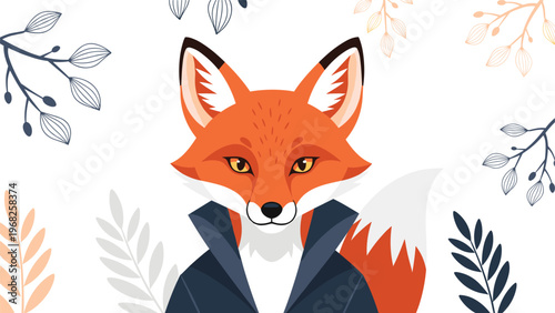 Portrait of a stylish fox wearing a dark blue coat and a white shirt surrounded by leaves on a clean white background.