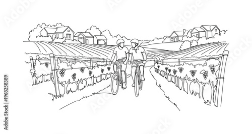 Vineyard Adventure. Minimalistic one-line drawing couple cycling along path with houses and grapevines surrounding, continuous single black line on white