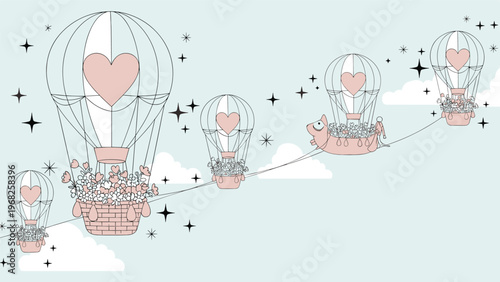 Whimsical scene with heart shaped hot air balloons carrying flower baskets across a starry sky with clouds for romantic card.