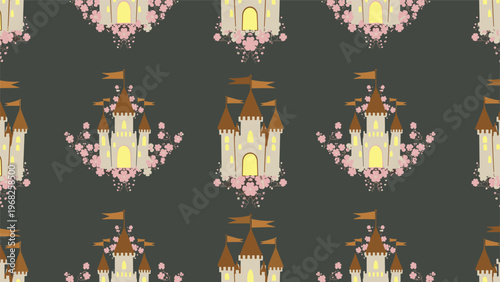 Enchanted castle and pink flower seamless pattern design on dark charcoal background for fairy tale theme textures.