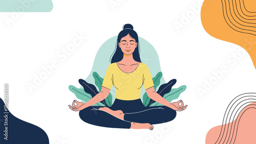 Young woman practicing meditation in lotus yoga pose with abstract shapes and plant leaves on a white background.