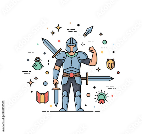 Battle-ready costumes fantasy archer concept where a character wears light armor with a bow while small sparkle and line icons emphasize precision, agility,