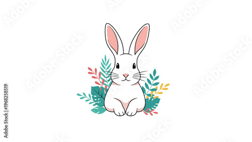 Cute white rabbit sitting calmly surrounded by colorful tropical leaves and plants on a plain white background.