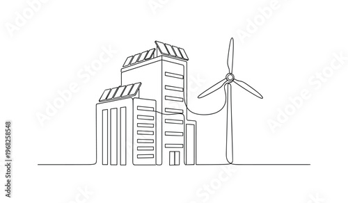 Green Building Design. Minimalistic one-line drawing eco-friendly building with solar and wind energy elements, continuous single black line on white