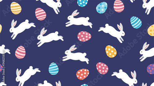 Seamless pattern of white rabbits jumping among colorful patterned Easter eggs over a dark navy blue background.