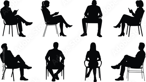 Collection of black silhouettes of seated men and women in varied poses, minimalist outline design for posture, lifestyle, and ergonomic concepts