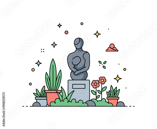 Sculpture garden art scene where a small sculpture is surrounded by plants and flowers while small sparkle and line icons emphasize tranquility, aesthetics,