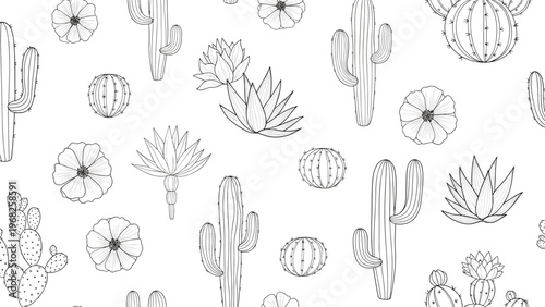 Detailed line art seamless pattern of various cacti and succulent plants in black and white for backgrounds.