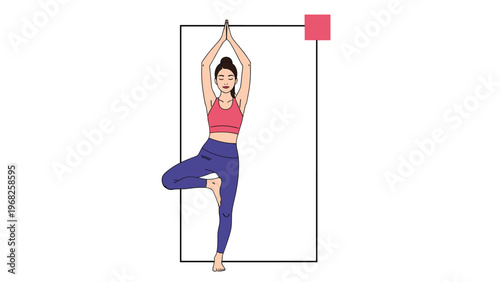Young woman practicing yoga in tree pose with her hands raised high inside a black frame with a small red accent.