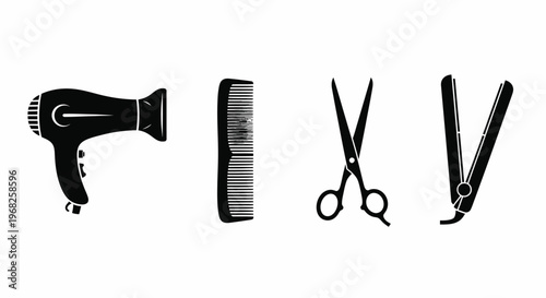 Hair Styling Tools Black Silhouette Icon Set Isolated on White Background