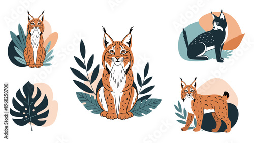 Set of lynx cat illustrations in various poses including sitting, standing, and walking with botanical leaves.
