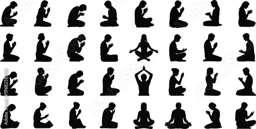 Collection of praying and meditating people silhouettes in various poses isolated vector illustration for spirituality concepts