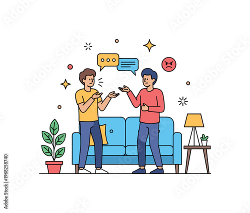 Fight between friends home disagreement concept where two friends gesticulate while standing in a living room while tiny sparkle and star icons highlight mild