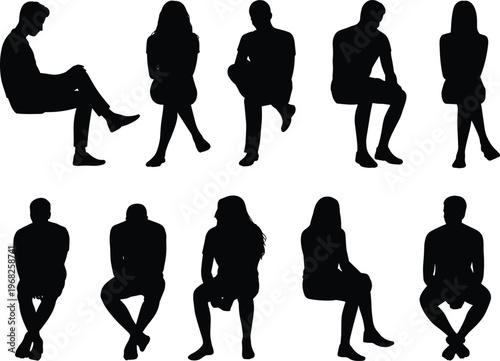 Collection of sitting people silhouettes in various poses isolated vector illustration for casual lifestyle and waiting concepts