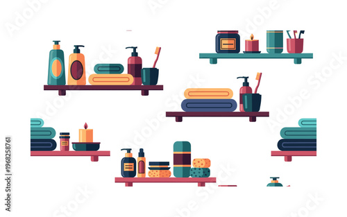 organized shelf icons seamless pattern, repeating pattern, surface design, textile print, modern illustration of bathroom shelves, shampoo bottles, towels,