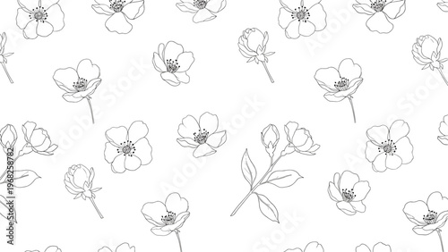 Delicate black and white seamless pattern featuring hand-drawn flower outlines and buds on a white background.