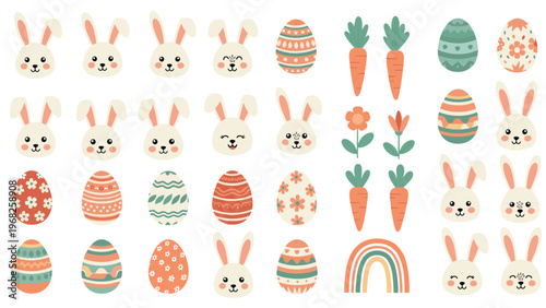 Large set of cute Easter icons including bunny heads, decorated eggs, orange carrots, flowers, and a rainbow.