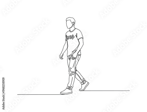 Casual Concert Look. Minimalistic one-line drawing person wearing rock band t-shirt strolling, continuous single black line on white background, simple outline